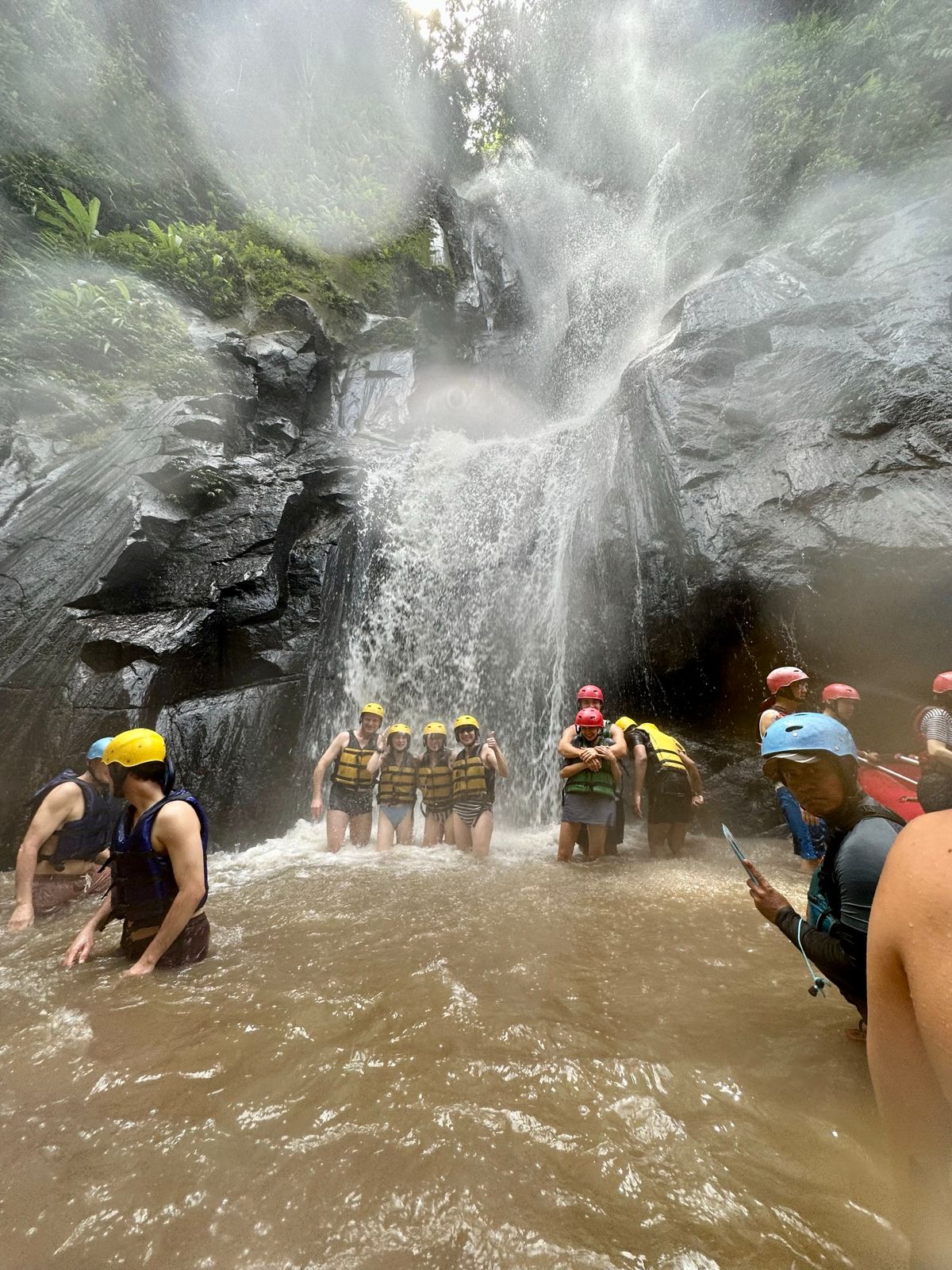 Rafting gear and safety equipment ready at base camp